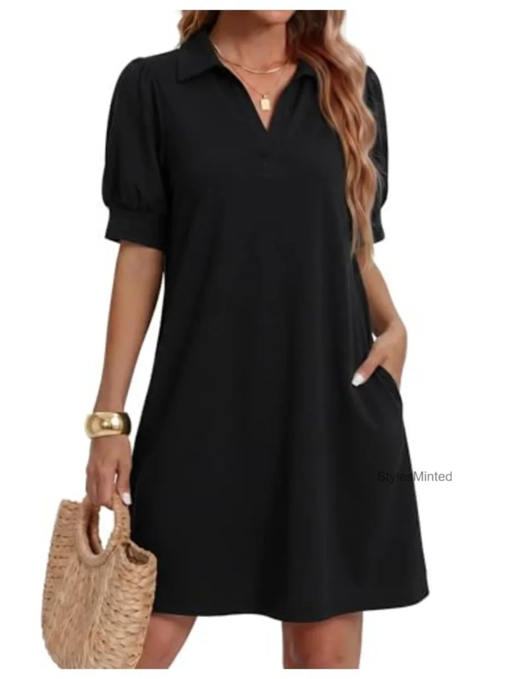 Striped V-Neck Mini Dress Short Sleeve A-Line Flowy